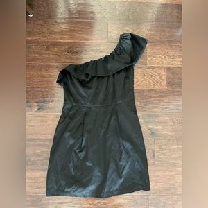 one shoulder ruffle black satin mini dress
